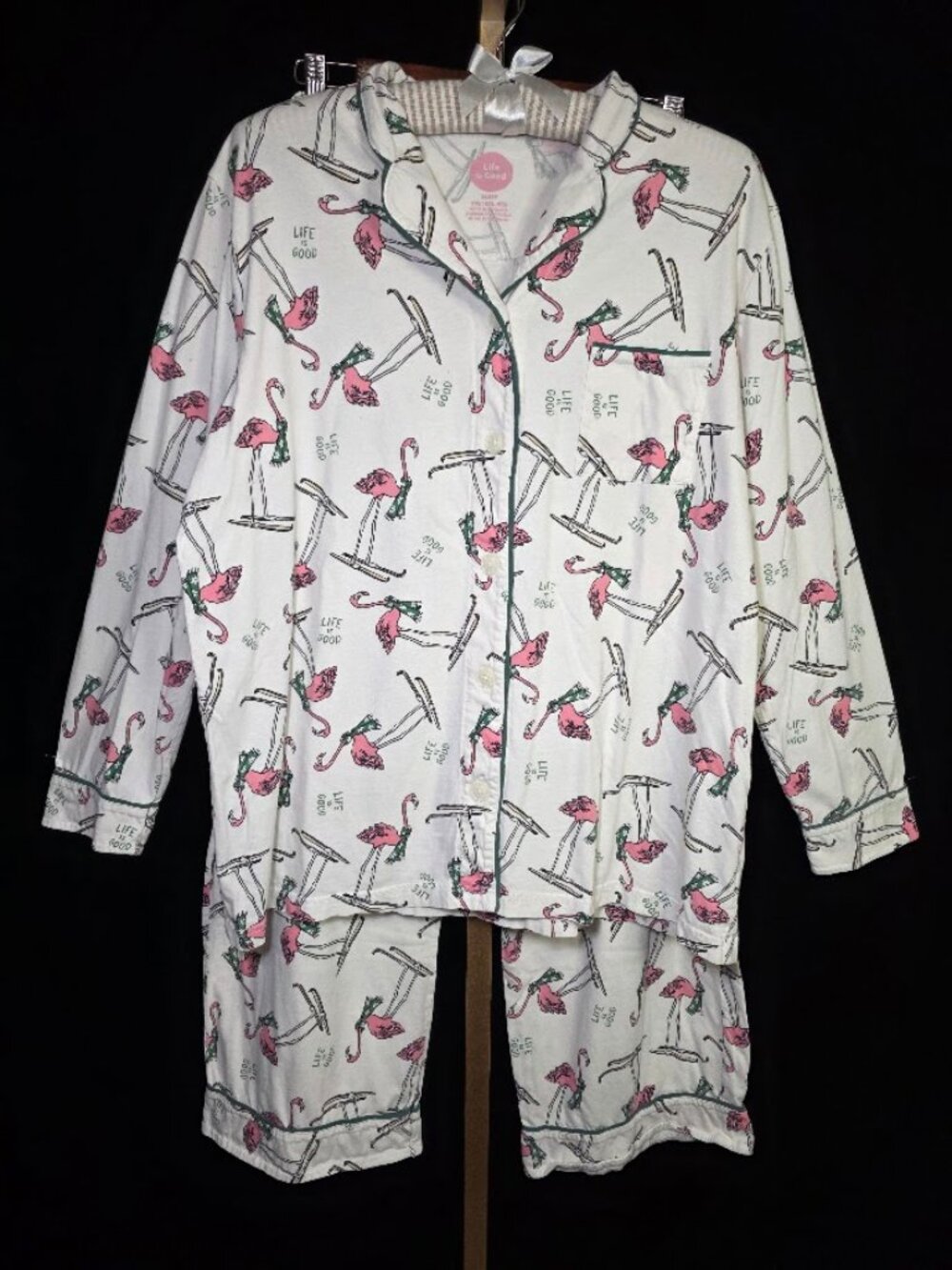 Life Is Good Skiing Flamingos 2 Piece Flannel Pajama Set XXL